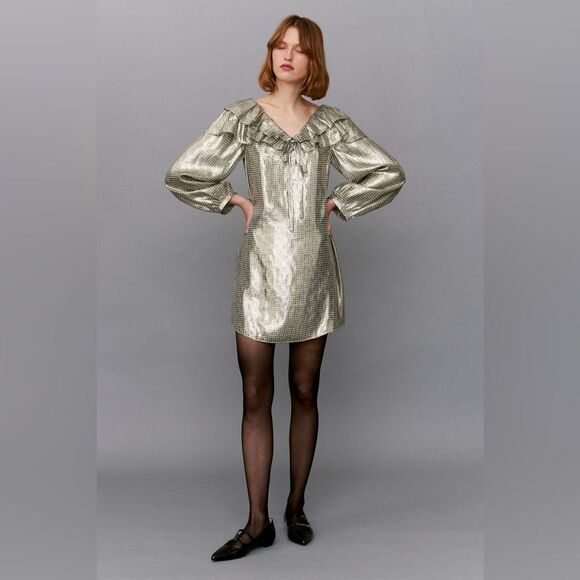 NWT ALEXACHUNG Metallic Lurex Silver Puff Sleeve Dress - Picture 1 of 9
